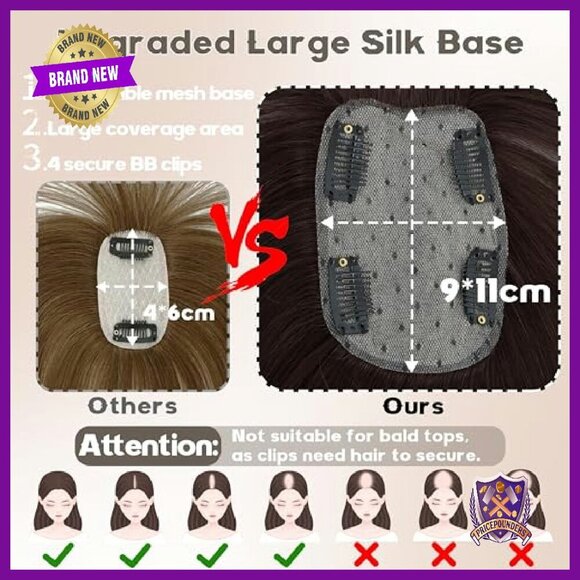 Real Human Hair Topper with Bangs 150% Density Silk Base Clip-In main image 6